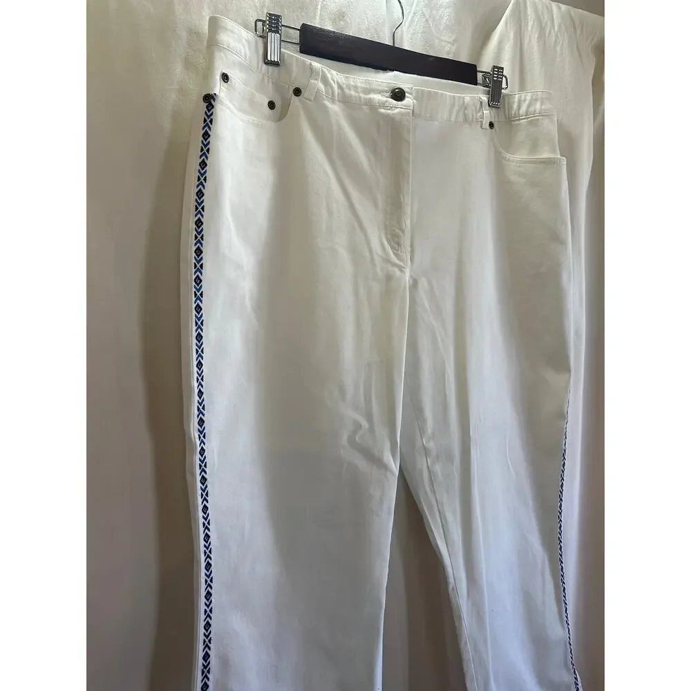 Ruby Rd White Cropped Pants Women Size 14 Blue Embroidered Side Stripe - Picture 3 of 5